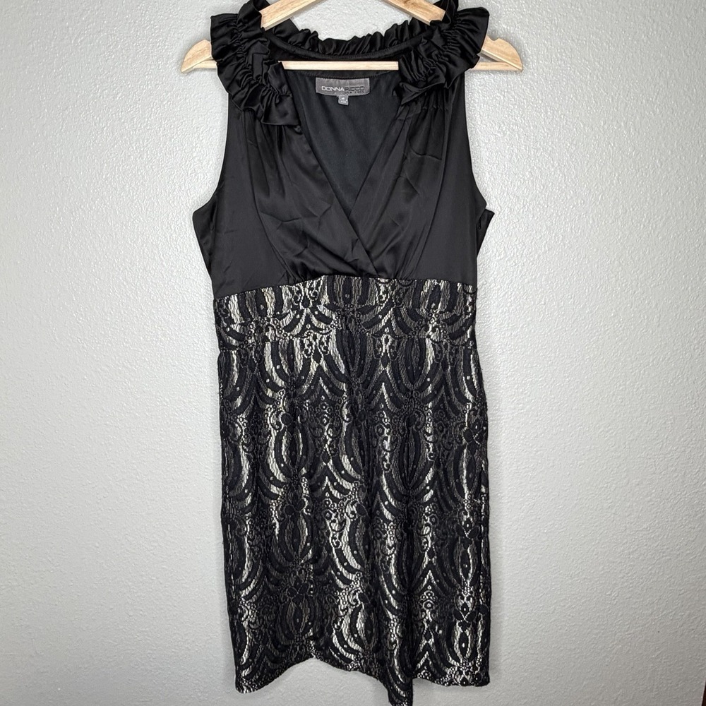 Donna Ricco Black Lace Cocktail Dress Champagne Metallic‎ Sleeveless Ruffle 12